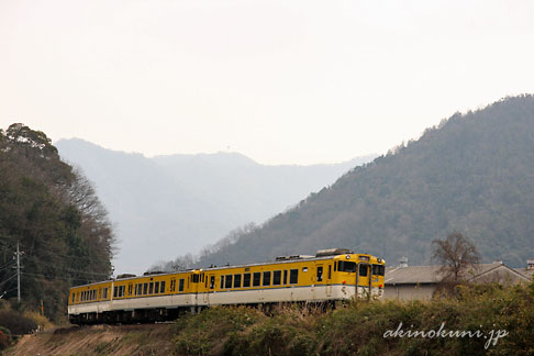 芸備線 上深川～中深川間のカーブを走るキハ40系3両（快速みよしライナー）